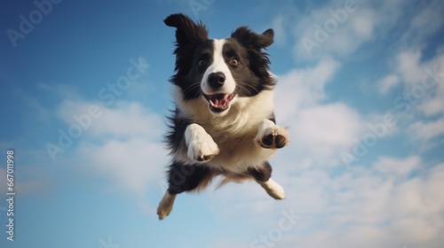A Border Collie in the middle of an agile leap, all four paws off the ground, set against a background of brilliant cerulean.