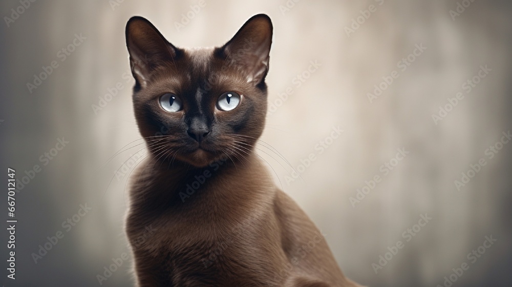 A Burmese cat, its glossy, sable coat reflecting an ethereal light; offset by a muted taupe background.