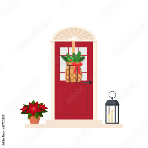 Cute red front door with Christmas decoration, isolated on white background. Exterior concept for house. Cartoon flat style. Vector illustration