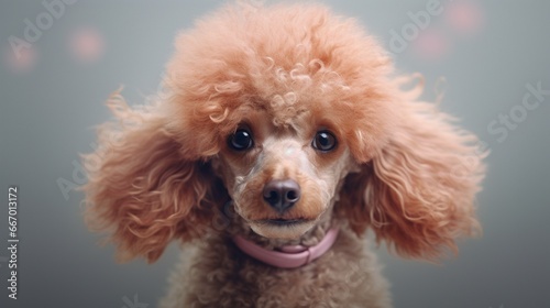A curly-haired Toy Poodle, head cocked to one side, against a muted gray background that emphasizes its apricot fur. © Artist
