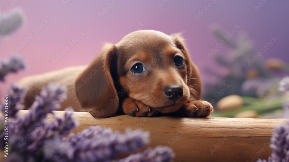 A Dachshund puppy sprawled comfortably on its back, looking quite smug; a soft lavender background adds tranquility to the scene.
