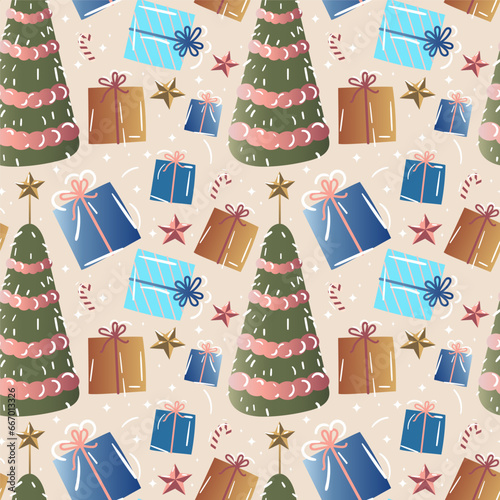 Christmas seamless pattern with Christmas tree and gifts. Holiday design for wrapping paper or textile print. Vector illustration