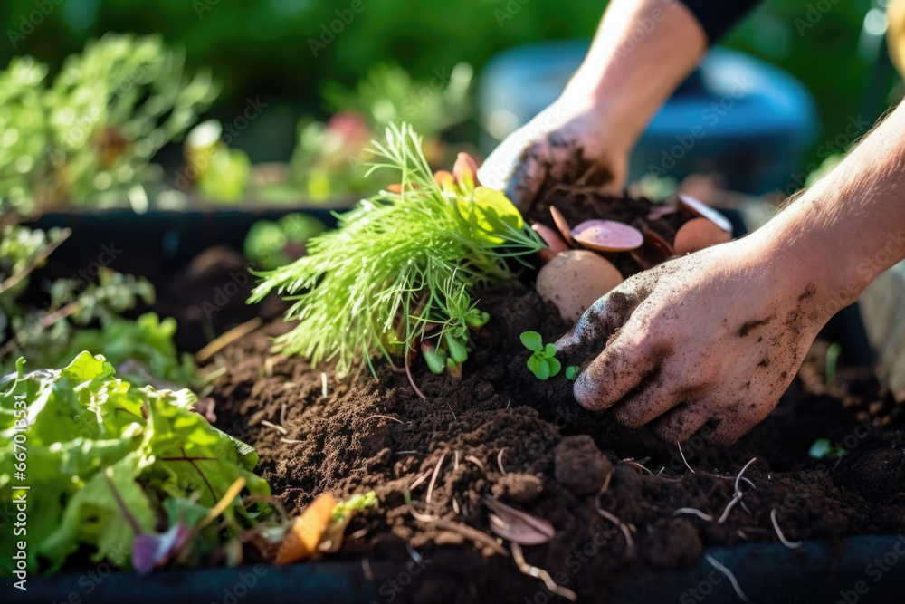 Composting food waste in compost bin garden. Close up of person's hands ...