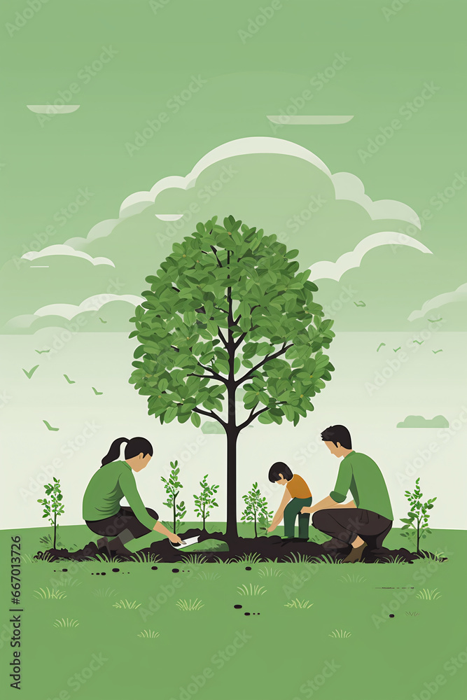 ilustración, familia plantando árboles en la naturaleza. AI generado.