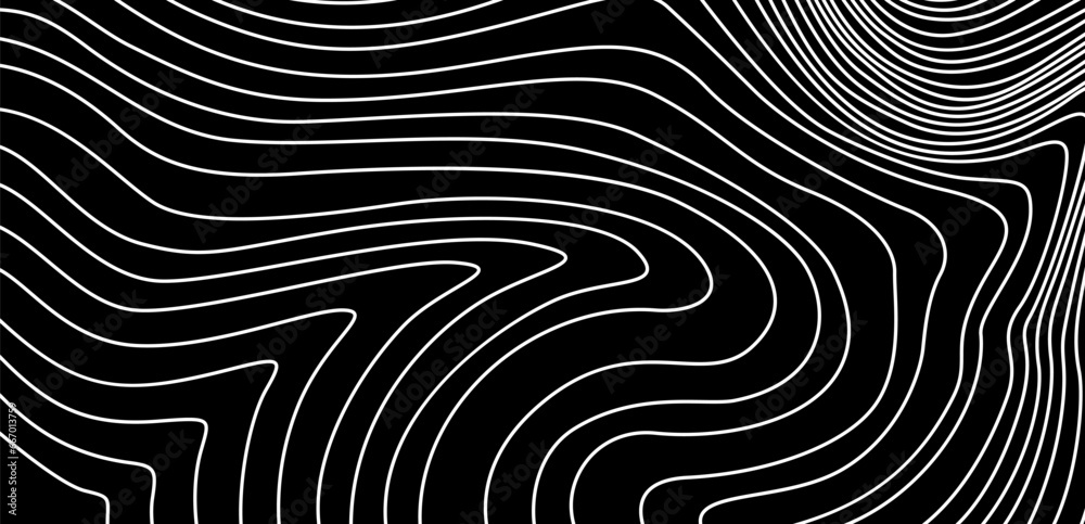 Topographic map texture. Abstract linear background. Vector print. White lines on black background.