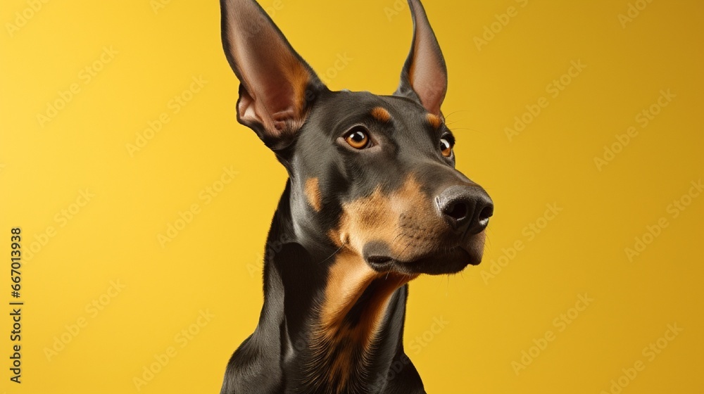 A Doberman Pinscher in an attentive stance, ears erect, eyes glinting, with a backdrop in stark canary yellow.