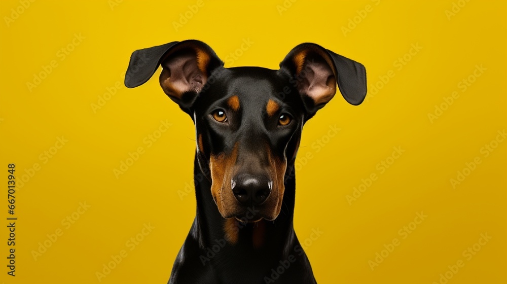 A Doberman Pinscher in an attentive stance, ears erect, eyes glinting, with a backdrop in stark canary yellow.