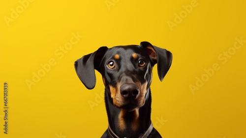 A Doberman Pinscher in an attentive stance  ears erect  eyes glinting  with a backdrop in stark canary yellow.
