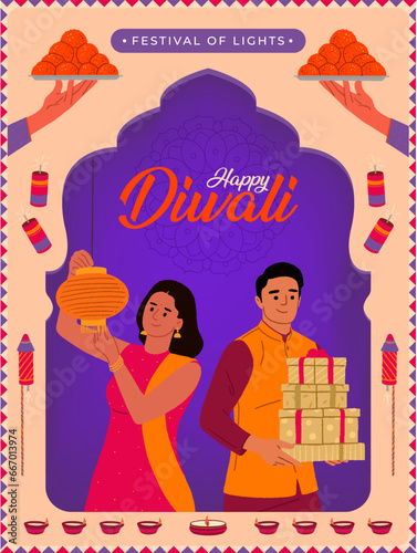 Happy Diwali text with Indian woman and man celebrating Diwali festival digital banner showing Indian festival elements with sweets and lights