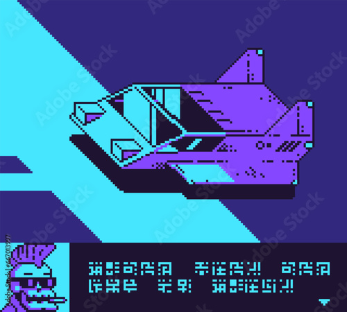 Car futuristic design sci-fi pixel art style video game spaceship background. Sticker and print  design. 8-bit. Old school computer graphic style. Vector illustration.  