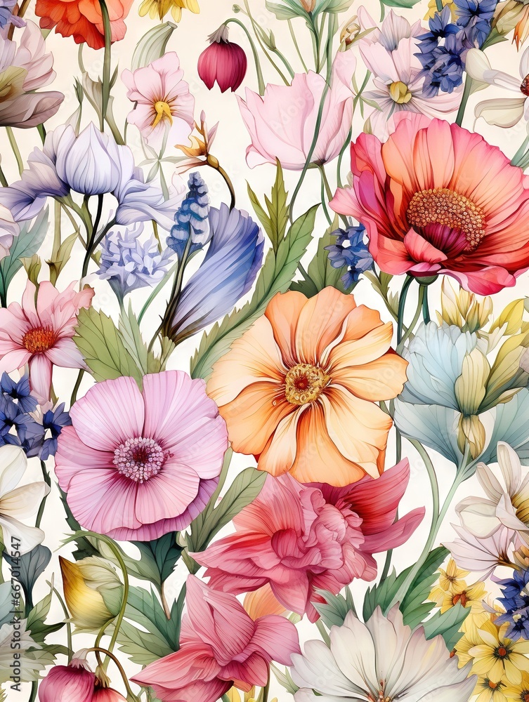 custom made wallpaper toronto digitalFond d'écran abstrait, motif de fleurs aquarelles, nature, insectes, feuilles, plantes. IA générative, IA