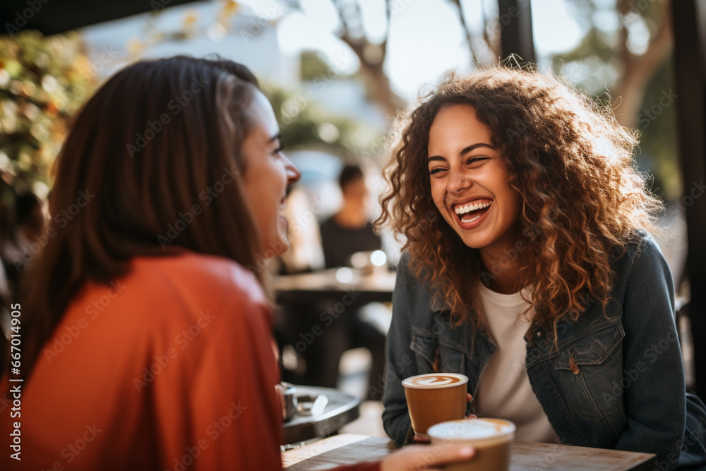 Shot of young happy women talking and laughing while drinking coffee together in a sidewalk cafe