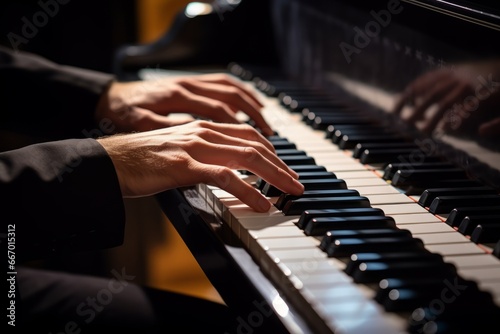 Hands of pianist playing synthesizer close-up