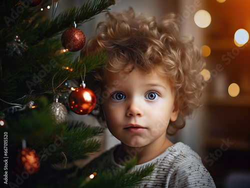 Cute child enjoying at home during christmas and the new year holidays beside Christmas tree