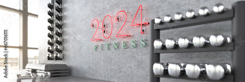 Conceptual 2024 New Years resolution for fitness and well being in a gym environment 3d render photo