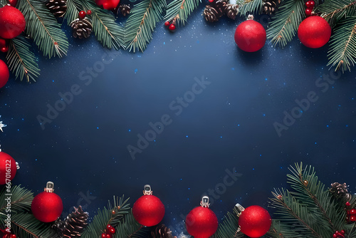 Dark blue color background, beautiful christmas decoration, with copy space, wallpaper, generative ai