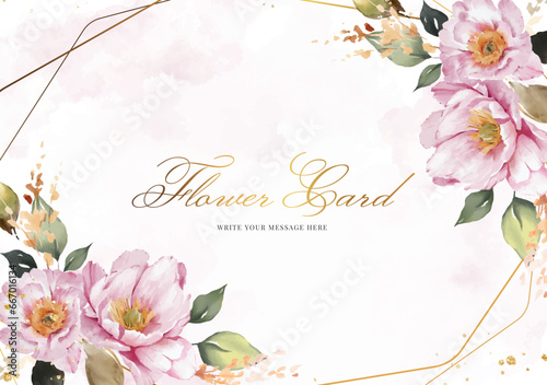 Elegant pink peony flower watercolor background card. Wedding invitation card. Greeting Card.