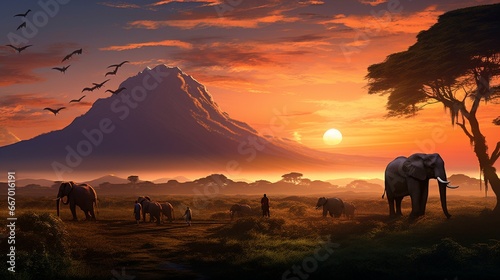 A snapshot just after dawn where a group of animals are silhouetted against the rising sun  with Kilimanjaro appearing as though ita  s glowing with the first light.