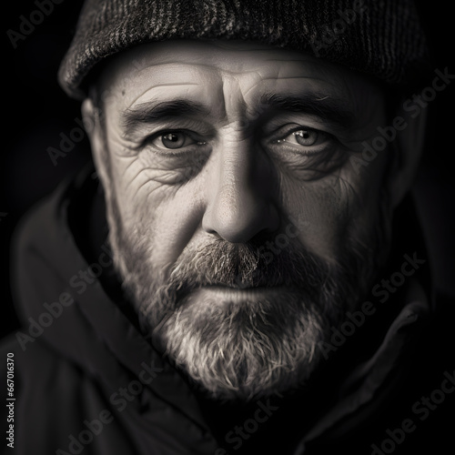 Portrait of a handsome middle aged man with beard in black and white