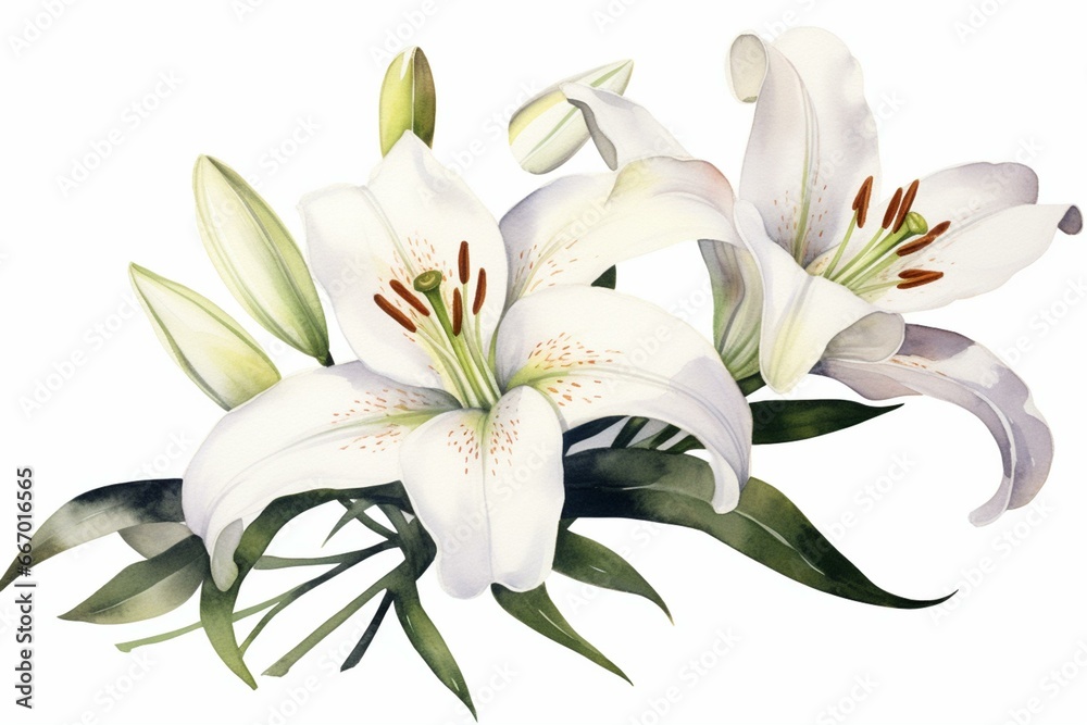 Watercolor painting of white lilies on a blank background. Generative AI