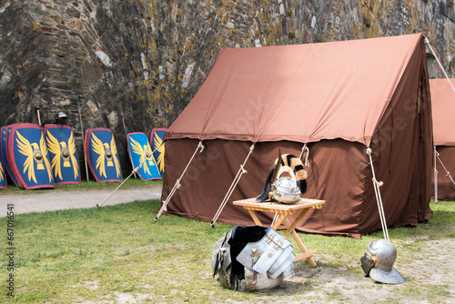 Historical campsite battlefield tent with armor.