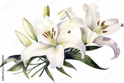 Fotografiet Watercolor painting of white lilies on a blank background