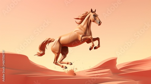A Thoroughbred caught in the fraction of a second as it leaps over an invisible obstacle, set against a peachy background. photo