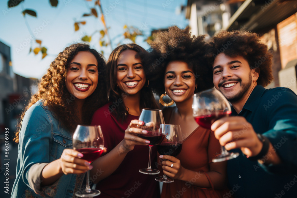 Group of young people drinking red wine from wine glasses and laughing at camera - socializing and celebrating theme