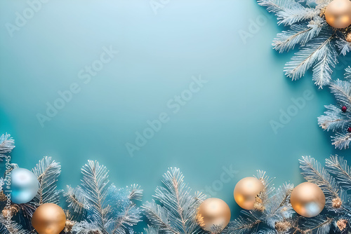 Beautiful of christmas background, light blue color, with christmas decoration element, with copy space, wallpaper, generative ai
