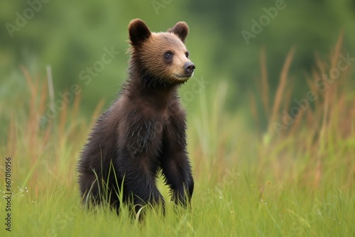 Bear cub standing on grass. Generative AI