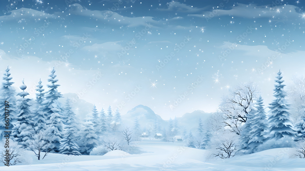 Winter landscape with snow and trees, Web banner design for winter wonderland and holiday festivities with snowy landscapes