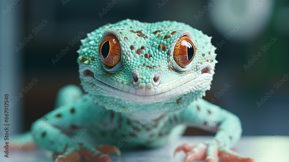 Showcasing a Tokay gecko in extreme close-up, the camera captures every nuance of its vivid, speckled skin. This reptilian subject is positioned on a table, eyes alert and keen. Showcasing a Tokay gecko in extreme close-up, the camera captures every nuance of its vivid, speckled skin. This reptilian subject is positioned on a table, eyes alert and keen.