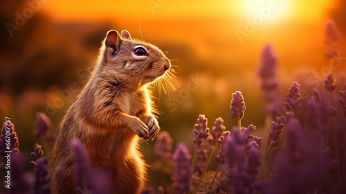 The silhouette of a small ground squirrel delicately sniffing lavender blossoms, all drenched in amber light, unfolds as the setting sun paints everything in its warm glow.