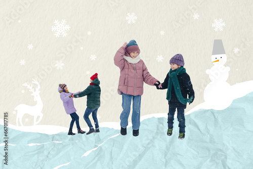 Sketch collage image of funny happy small kids parents enjoying new year snowy weather isolated creative background