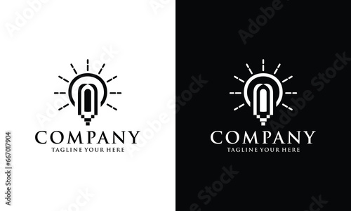 light bulb line vector logo art template eco energy electricity concept idea on black and white background.