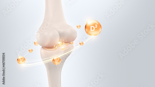 Golden Vitamin D3 complex, Bone Health medical concept, 3D rendering.