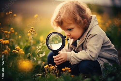 Curious child with a magnifying glass inspecting nature - Learning and education