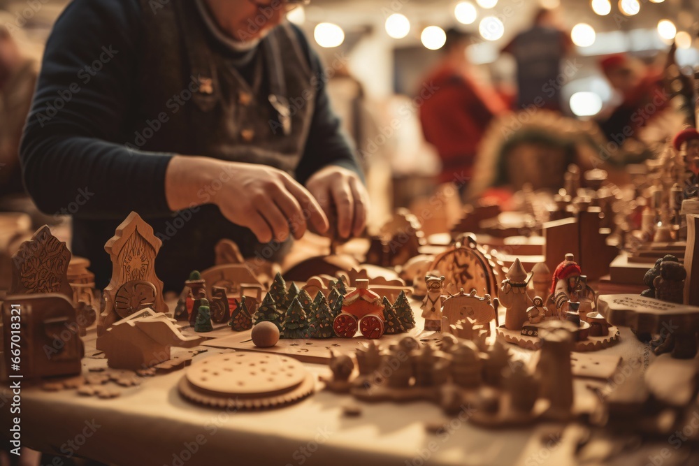 close-up of artisan hands crafting a wooden toy, surrounded by an array of handmade crafts at a vibrant Christmas market stall - obrazy, fototapety, plakaty 