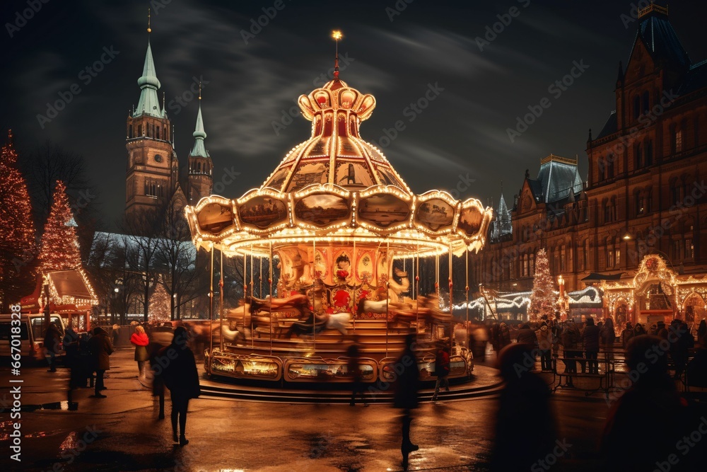 a panoramic view of a grand Christmas market in a town square, lit-up carousel spinning, with the silhouette of a cathedral in the backdrop under the starry night