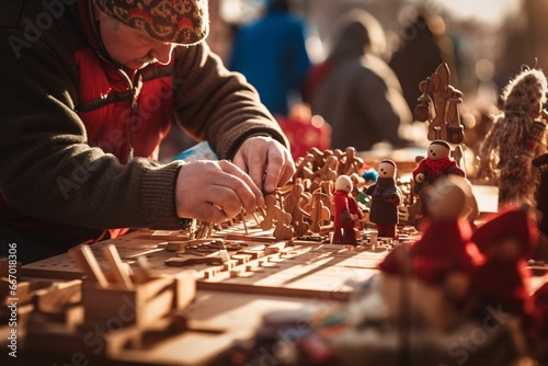 close-up of artisan hands crafting a wooden toy, surrounded by an array of handmade crafts at a vibrant Christmas market stall photo
