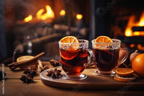 steaming mulled wine mugs, garnished with orange slices and cinnamon sticks, set on a wooden counter of a Christmas market stall with snowflakes gently falling photo