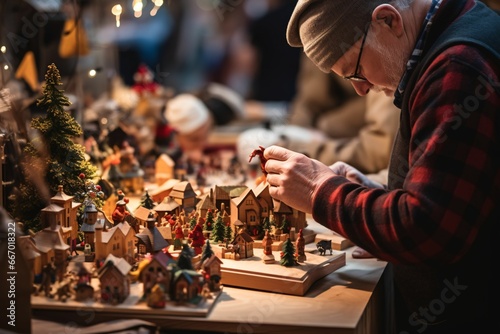 close-up of artisan hands crafting a wooden toy, surrounded by an array of handmade crafts at a vibrant Christmas market stall