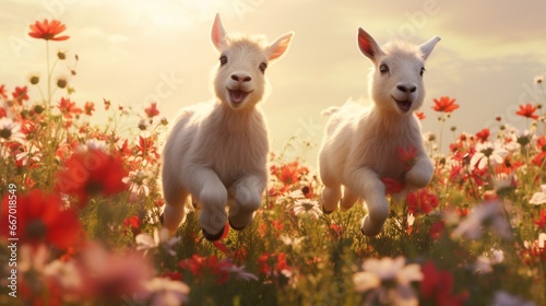 Tiny goats leaping with exuberance through a field abloom with poppies, their youthful verve contrasting with the peaceful red and green scenery. photo