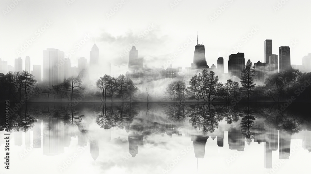 Fototapeta premium Pencil sketch of a large city surrounded by nature.