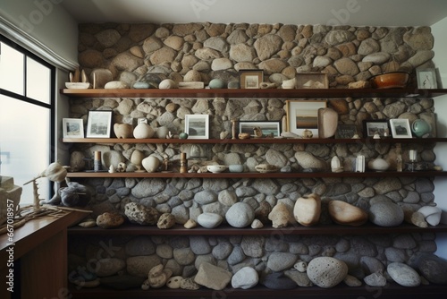 Living room shelves stocked with stones. Generative AI