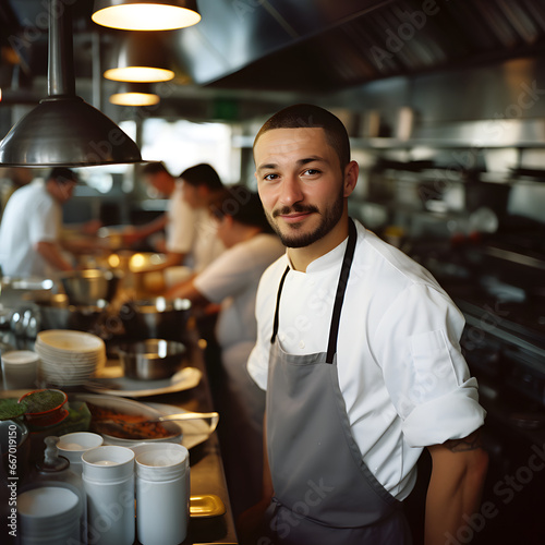 Young handsome male chef in restaurant kitchen smiling at camera