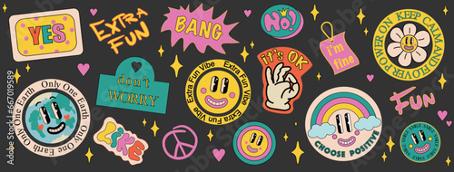 90 Cool Sticker Collage. Funny Neon Print with Retro Millennium Style Patches. Cartoon Fun Smile Faces, y2k Style Vector Illustration. Funky art for T-Shirts, Wallpaper, Case Phone. Vector