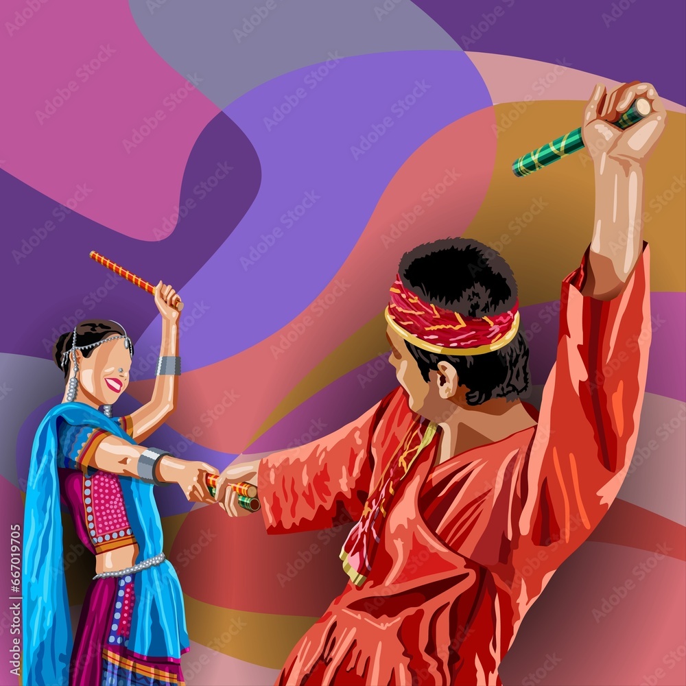 Fototapeta premium Vector illustration of Indian man and woman dancing Dandiya on colorful polygonal background