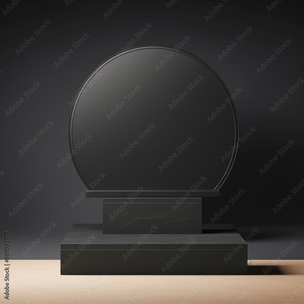 Black podium or pedestal display on dark background Black podium or pedestal display on dark background