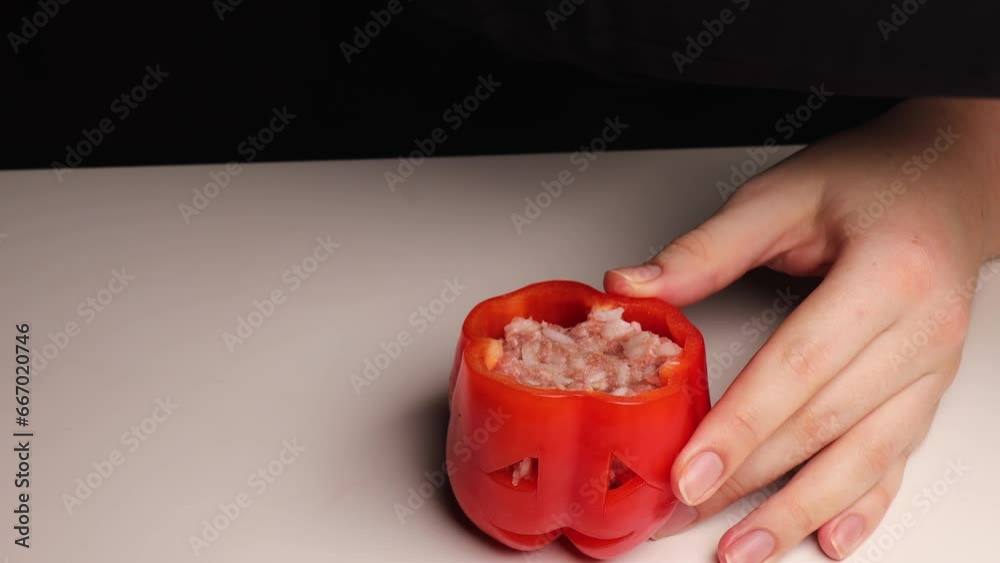 the chef stuffs peppers with meat and rice. a scary face in red pepper as part of the step-by-step process of stuffing peppers with meat on Halloween menu the chef stuffs peppers with meat and rice. a scary face in red pepper as part of the step-by-step process of stuffing peppers with meat on Halloween menu